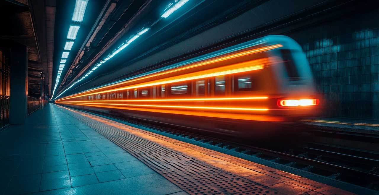 A high-speed train rushing through a dimly lit underground station.