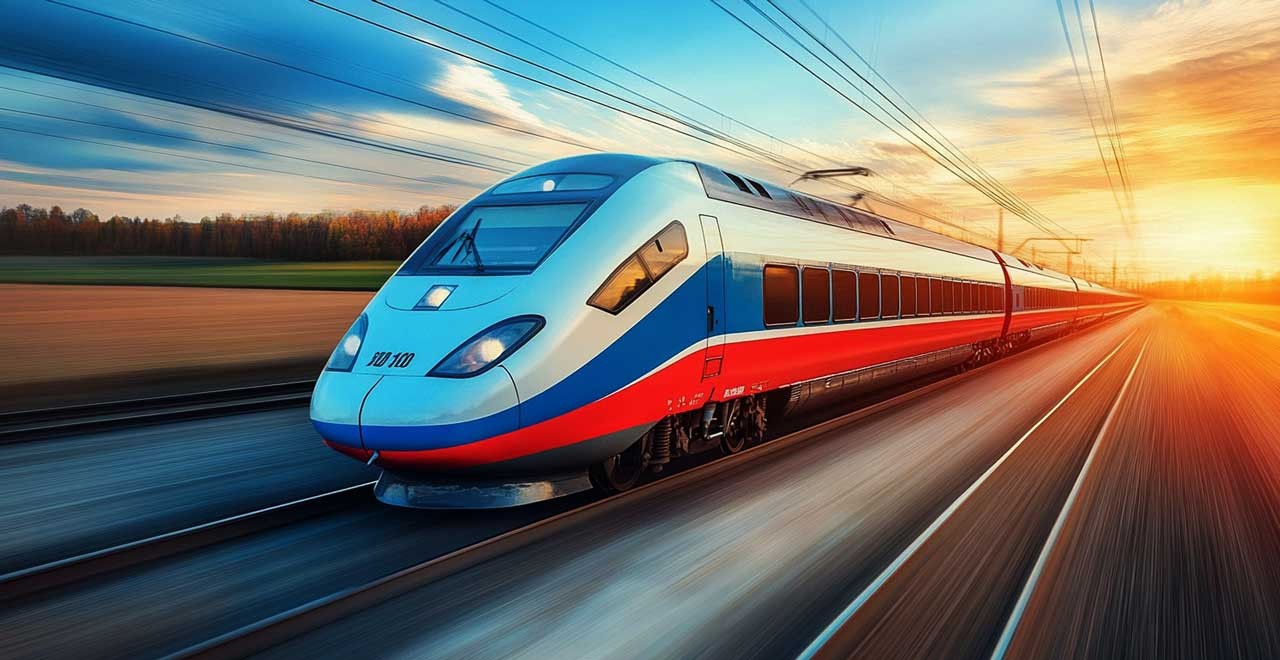 A high-speed train speeding through the countryside at sunset.